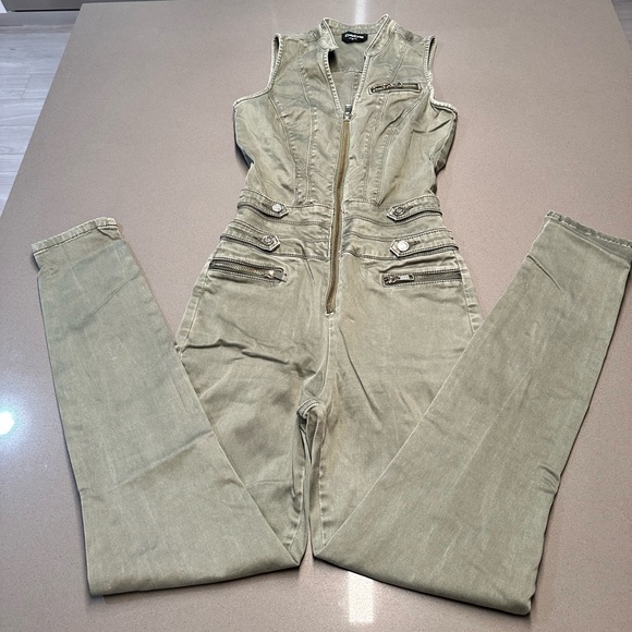 bebe olive green denim jumpsuit sleveless front zipper - Picture 7 of 17